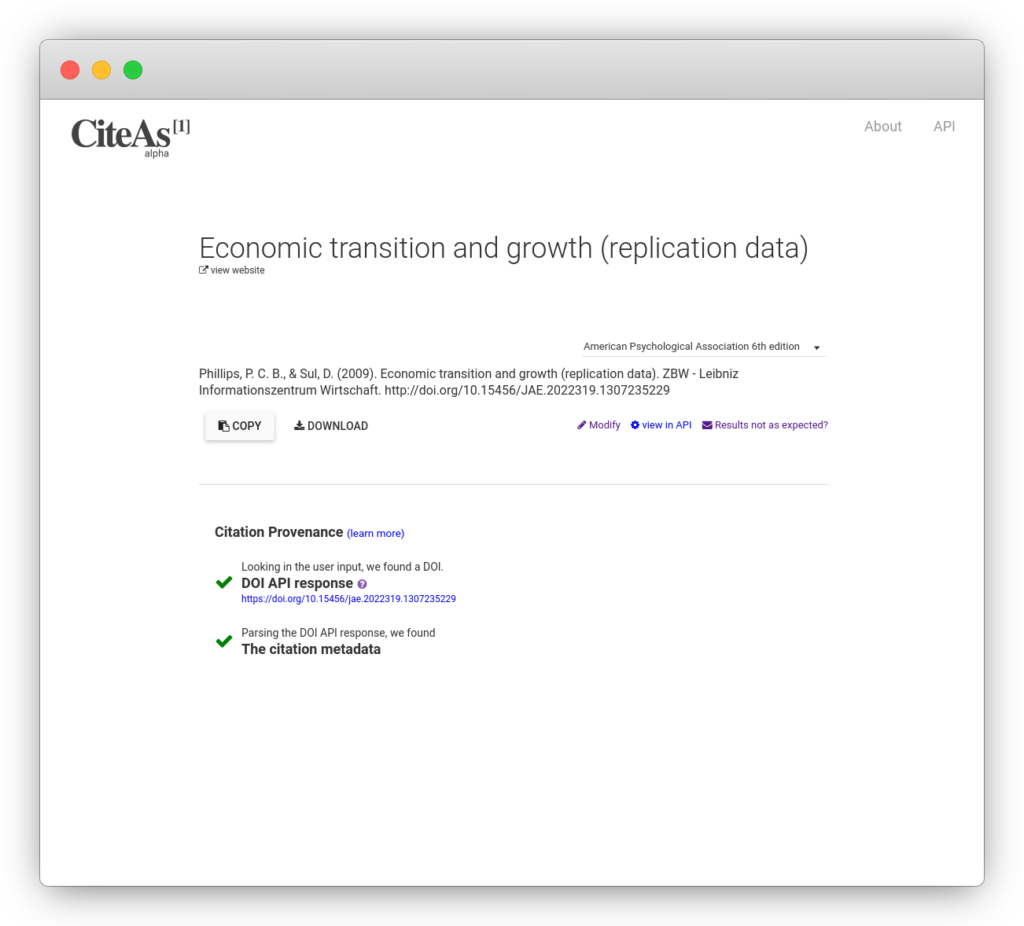 Screenshot http://citeas.org: Zitierweise für einen Datensatz